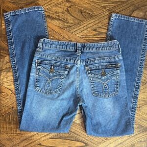 Calvin Klein Women's Boot Cut Mid-Rise Jeans, Embroidered Pockets, Zip Fly, Sz 8